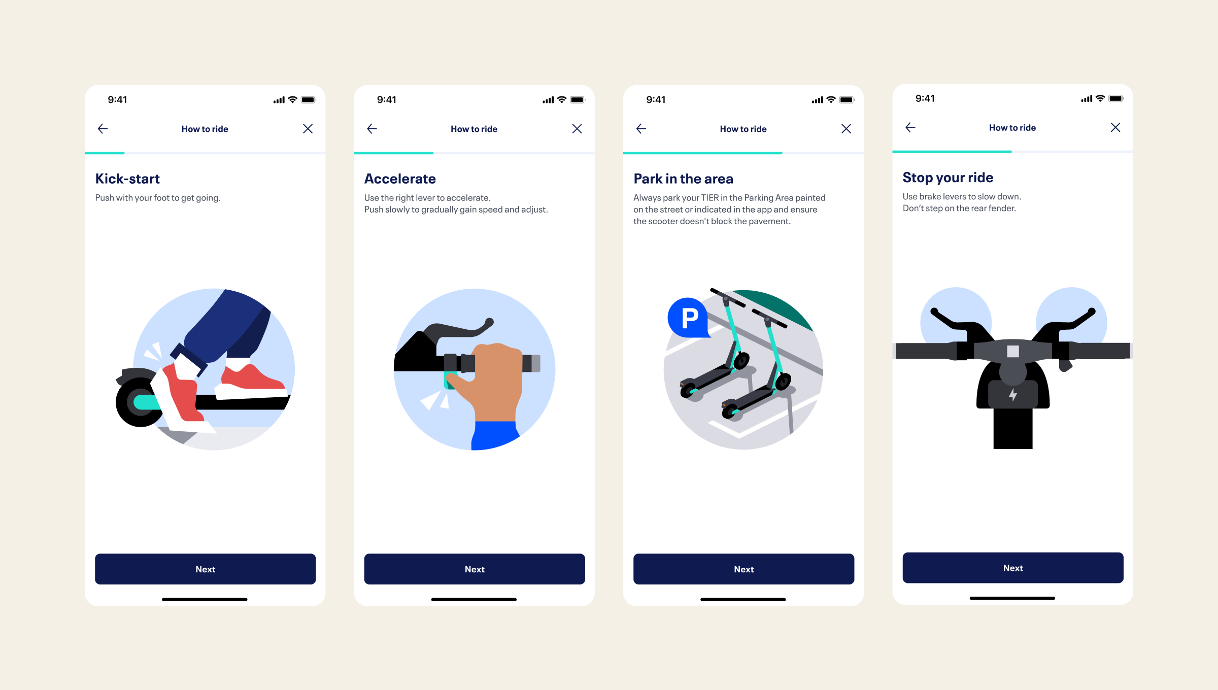 TIER app how to ride onboarding screens