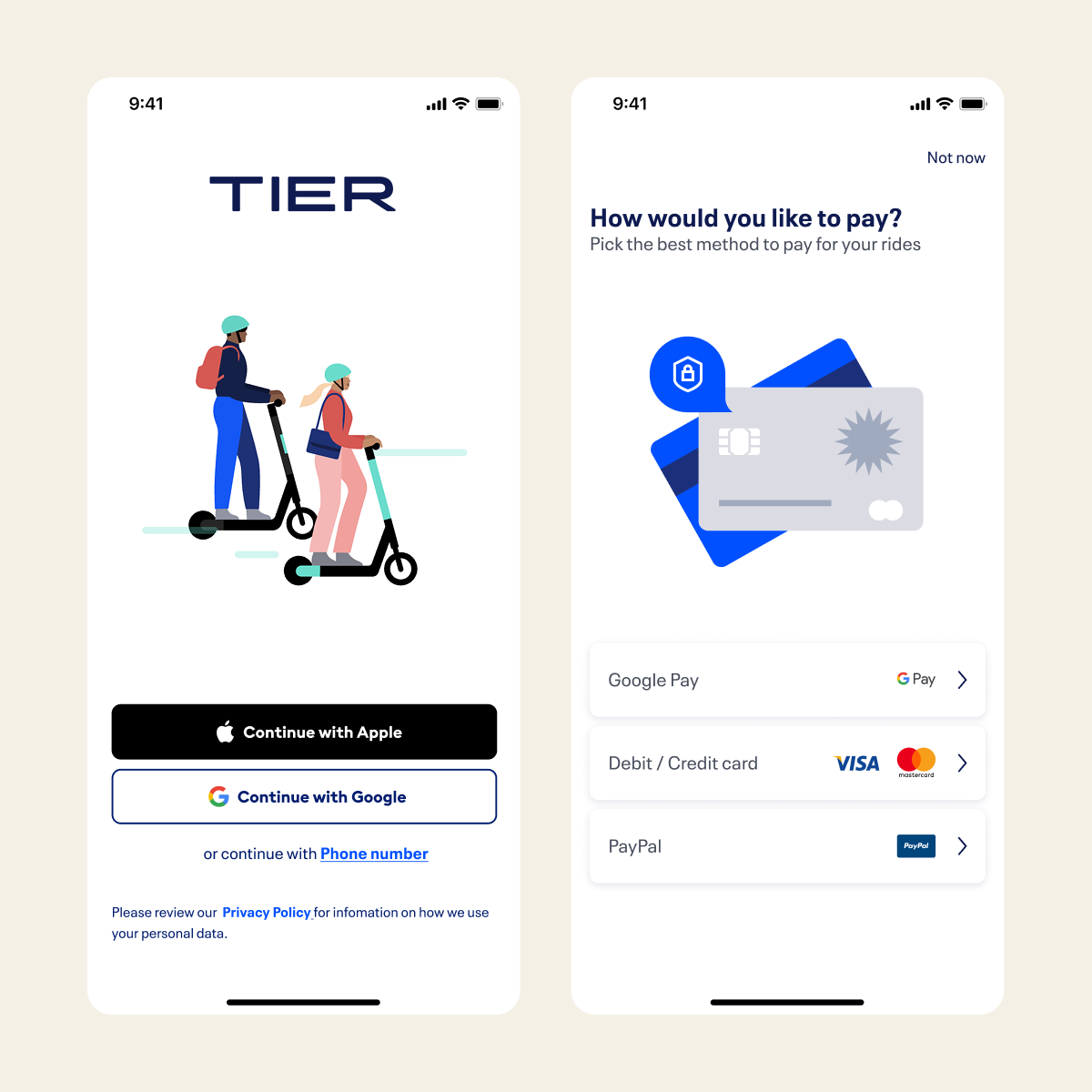 TIER app sign-in and payment screens
